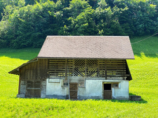 Traditional rural architecture and family livestock farms on the shores of Lake Lungern - Canton of Obwald, Switzerland (Traditionelle Architektur am Ufer des Lungernsees - Schweiz)