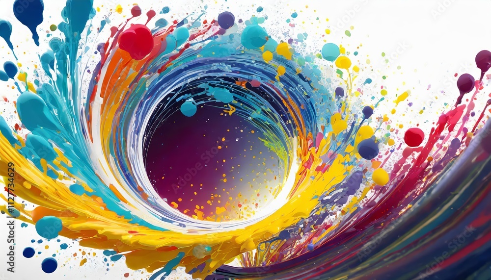 Poster abstract circle liquid motion flow explosion: a colorful curved wave pattern with paint drops captur