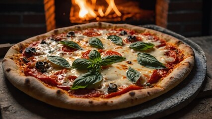 Traditional italian margherita pizza made in brick oven