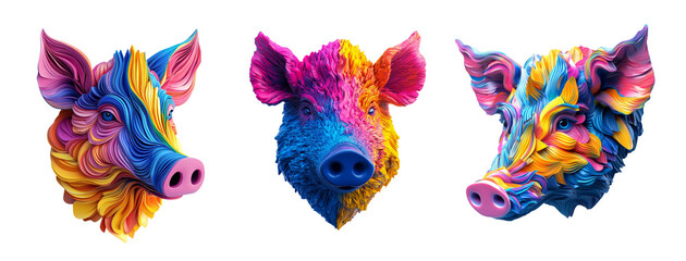 Fototapeta premium Colorful Artistic Pig Heads on Transparent Background