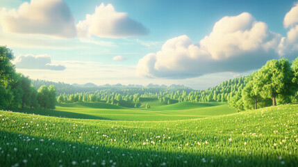 Fototapeta premium 3D illustration of a green grass meadow landscape background, with a sky and clouds