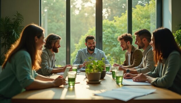 Diverse group of people sit around table discussing eco-friendly solutions. Meeting in sunny indoor space with view of plants outside. Team looks happy, engaged in eco-friendly project. Discussing