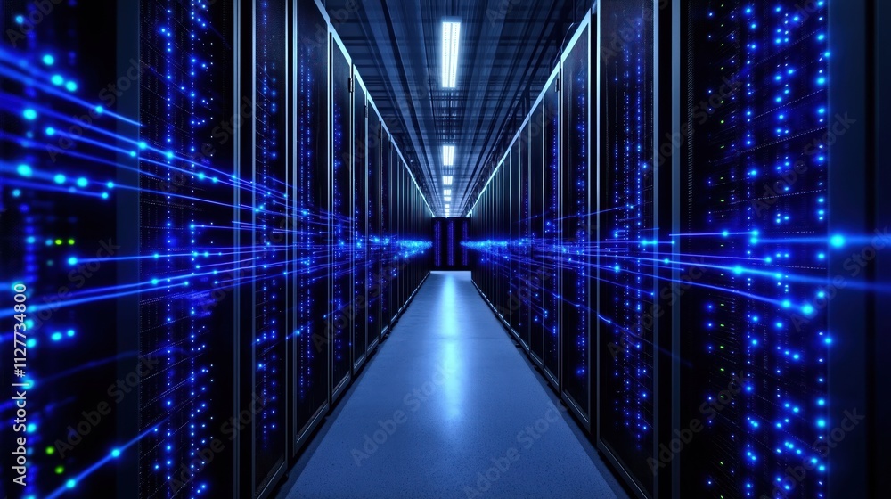 Aufkleber Modern data center interior shows server racks with glowing blue lights. Networked servers process data. Generative AI systems operate. Advanced tech solutions provide scalable processing power. Tech