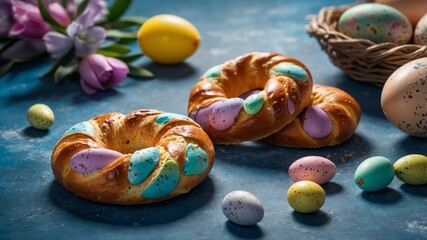 Obraz premium Traditional italian easter bread rings with eggs
