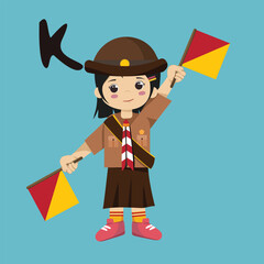 Pramuka girl sandi morse semaphore k a cartoon character with a flag and a girl holding a red flag