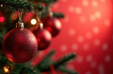 Obraz premium Red Christmas ornaments hang from festive Christmas tree. Bokeh lights create warm festive atmosphere. Christmas tree branches green. Background blurred red backdrop with white polka dots. Ornaments