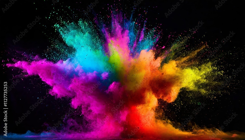 Poster abstract colorful neon ink explosion on black background: a vivid display of artistic expression and