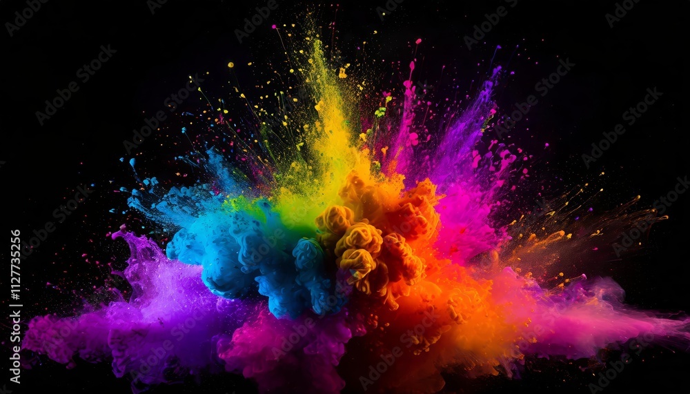 Poster Vibrant Abstract Colorful Neon Ink Explosion on Black Background - A Stunning Visual Experience of Fluid Dynamics and Artistic Expression Captured in High Resolution, Perfect for Creative