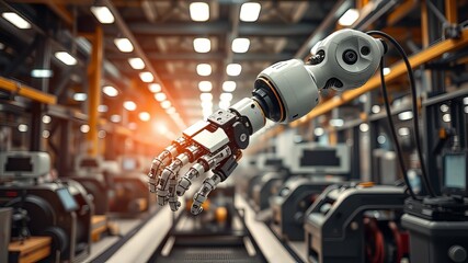 Fototapeta premium AI Robotic Arm Manufacturing, High-Tech Factory, Precision Automation