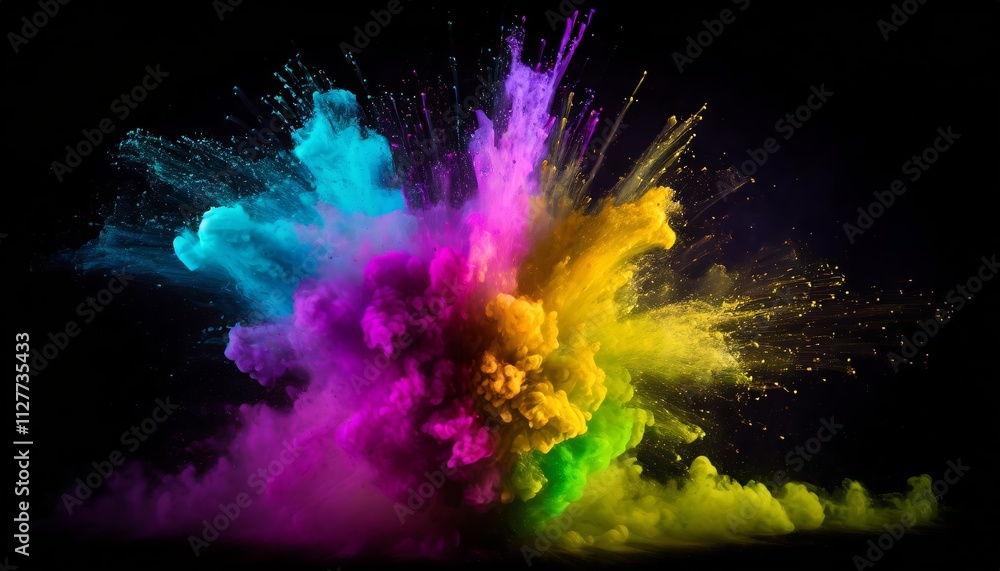 Poster abstract colorful neon ink explosion on black background - a vibrant display of fluid art, merging v