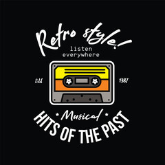 Emblem of the musical retro style. Cassette with magnetic tape. Original vector illustration in vintage style. T-shirt design.