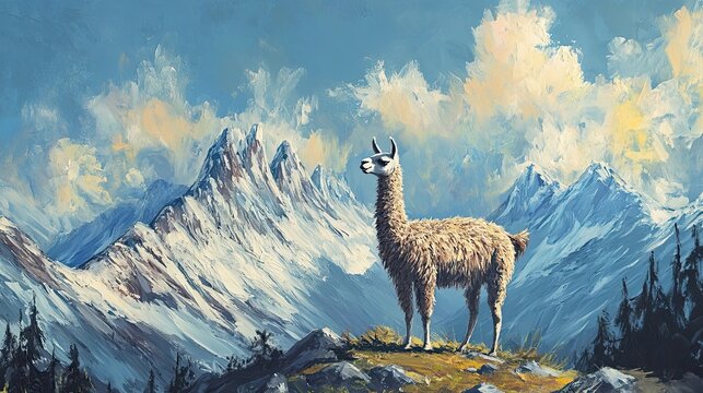 Llama Standing Proudly Amidst Majestic Mountain Peaks