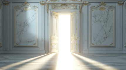 Fototapeta premium An open door with light shining through, in the center of an empty room with white marble floors and gold trim on the walls