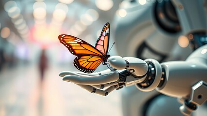 Beautiful Butterfly on Robot Hand - 4K Animation, Vivid Colors, Depth, Mood