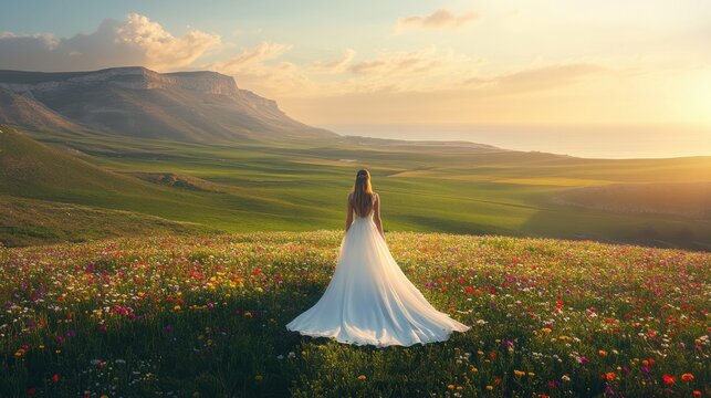 A high angle portrait shot of a bride standing in an expansive green meadow, her flowing white dress catching the sunlight as she looks towards the horizon, with vibrant wildflowers and a calm sky in 