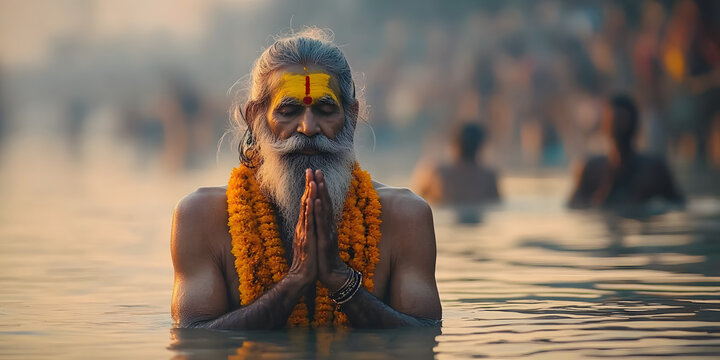 A Hindu Holy Man Praying in the Ganges River