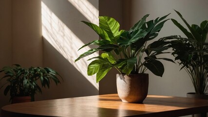 Fototapeta premium Sunlit wood table with leaf shadow and plant