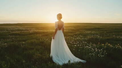 A high angle portrait shot of a bride standing in an expansive green meadow, her flowing white dress catching the sunlight as she looks towards the horizon, with vibrant wildflowers and a calm sky in 