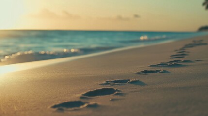 Footprints leading along a sandy beach at sunset with gentle waves in the background.