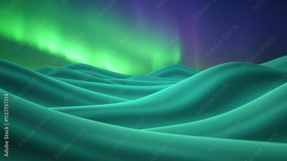Poster smooth abstract landscape with rolling waves and vibrant aurora background