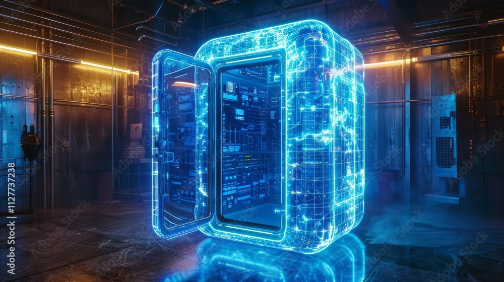 Aufkleber futuristic server room with open glowing cube revealing advanced technology inside.