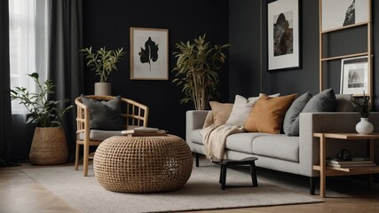 Stylish scandinavian living room with elegant accessories