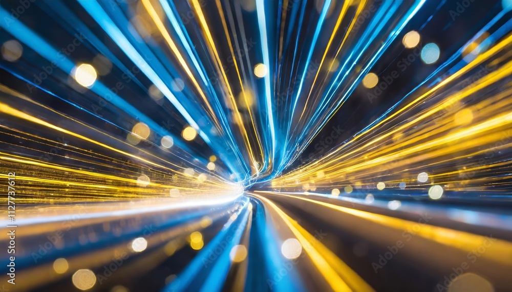 Poster abstract futuristic background featuring high-speed straight blue and yellow lines with bokeh glowin