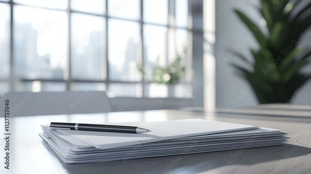 Poster 3d rendering of important business documents stacked on a modern workspace table