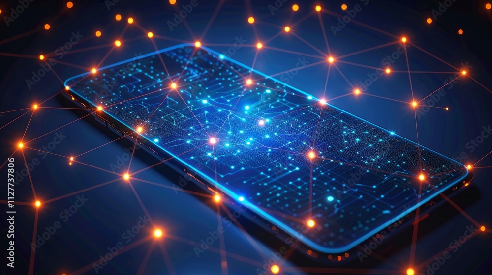 Poster futuristic smartphone with glowing circuit board and network connections.