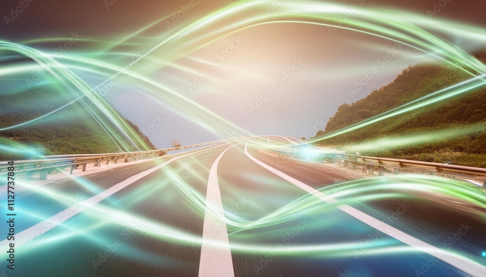 Poster abstract futuristic background featuring green and blue glowing neon wave lines in high-speed motion