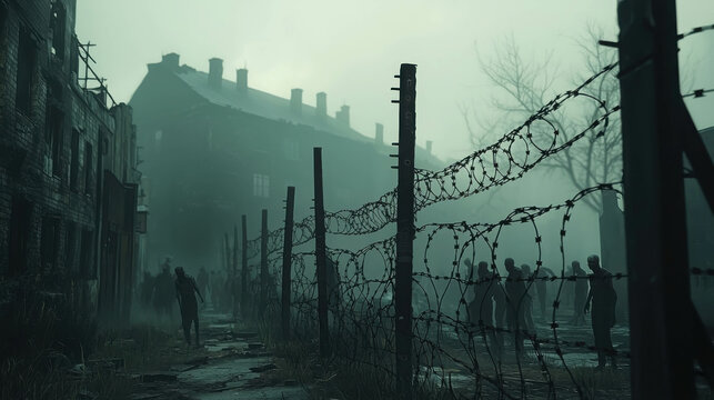 Barbed Wire Fence Stretching Across an Abandoned City in Eerie Atmosphere