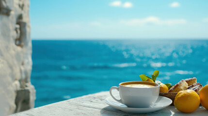 Beautiful Italian Breakfast Scene Overlooking Coastal Waters and Blue Sky