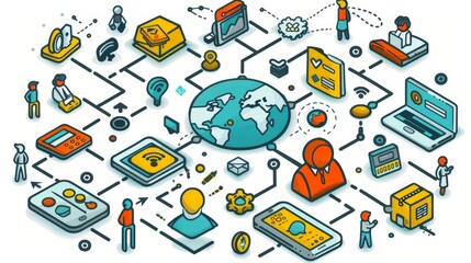 Global network connection, digital technology, communication, and people.