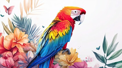 Obraz premium Scarlet Macaw Perched Amongst Vibrant Tropical Flowers