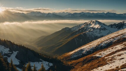 Stunning mountain panorama illuminated by golden sunlight
