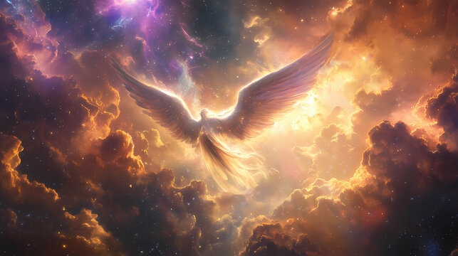 Angelic citadel floating amidst nebulous hues of cosmic splendor, hyperrealistic photo. Nebulous. Illustration