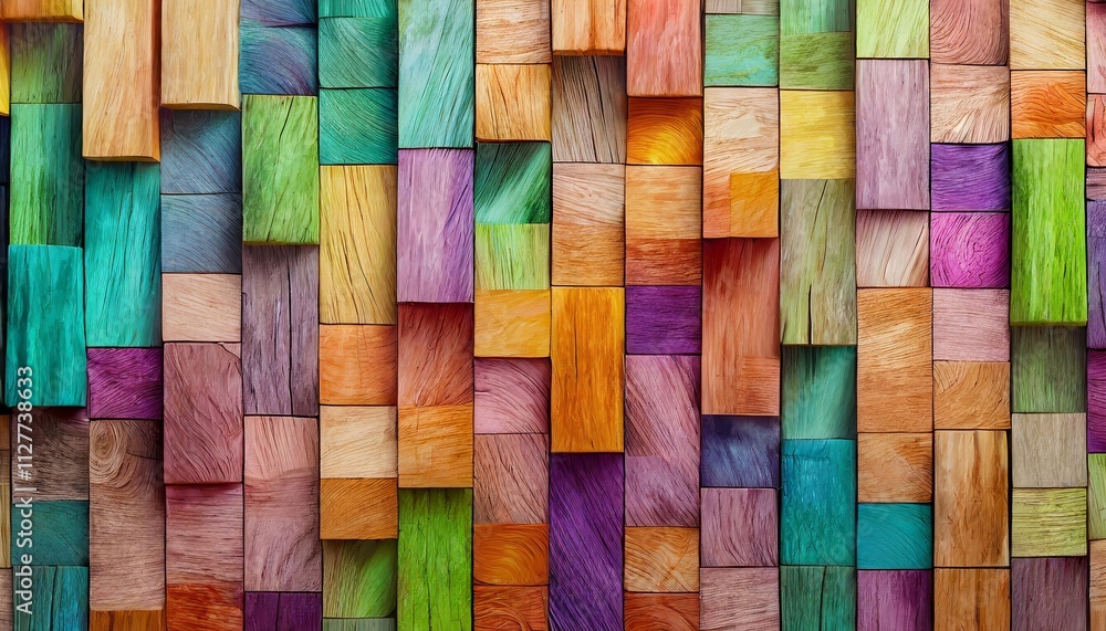 Poster abstract geometric rainbow colors wooden square cubes texture wall background - vibrant and colorful
