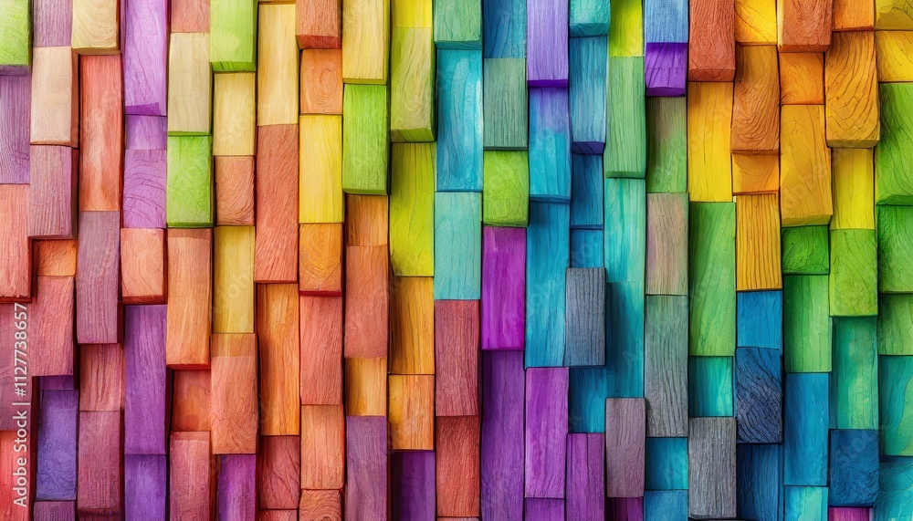 Poster abstract geometric rainbow colors on colored wooden square cubes texture wall background - a vibrant