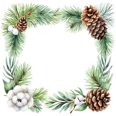 Fototapeta premium Merry Christmas watercolour decor greetings Happy New Year wishes and Xmas elegant Christmas card, with fir branches, pine cone, cotton, leaves, Botanical winter greenery holiday illustration white.