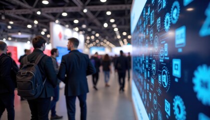 Busy tech expo. Attendees explore innovative tech exhibits. Interactive displays. Lively expo setting. Many people moving through hall. Futuristic tech concepts. Exciting atmosphere. Showcase of