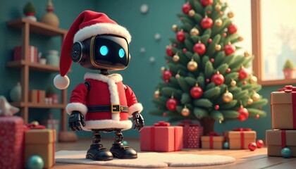 Cute robot dressed as Santa Claus stands near Christmas tree with gifts. Robot toy perfect for holiday cards, promoting DIY robot kits for kids. Modern festive scene. Robot displays futuristic