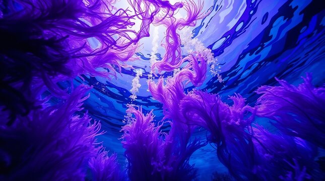 Dramatic Underwater Purple Sea Creatures with Rising Bubbles