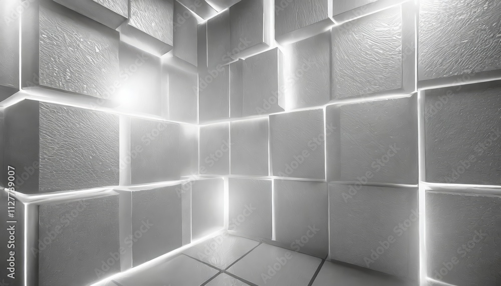 Poster Abstract Geometric White Bright Texture Wall with Squares and Square Cubes Background: A Modern Design Element for Creative Spaces and Artistic Projects