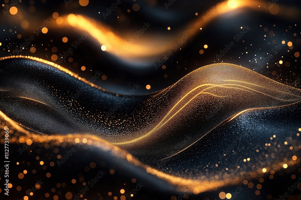 Poster Abstract design with dynamic waves of gold particles on dark background. Shiny golden lines, sparkles create motion. Ideal for business presentations tech projects. Use for wallpaper decoration with
