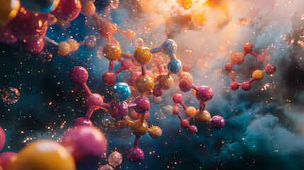 Colorful molecular structure with vibrant molecular models against a dark, nebulous background representing scientific concepts and discoveries. Nebulous. Illustration