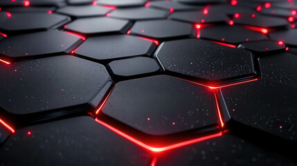 Obraz premium Abstract Black Hexagonal Grid with Glowing Red Lights for Futuristic Designs