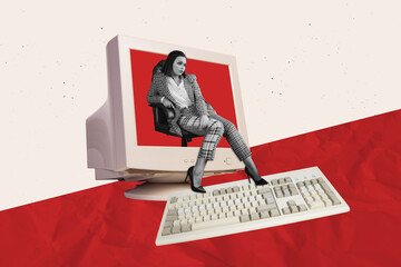 Exclusive art banner collage of serious businesswoman sit chair office tool pc monitor desktop...