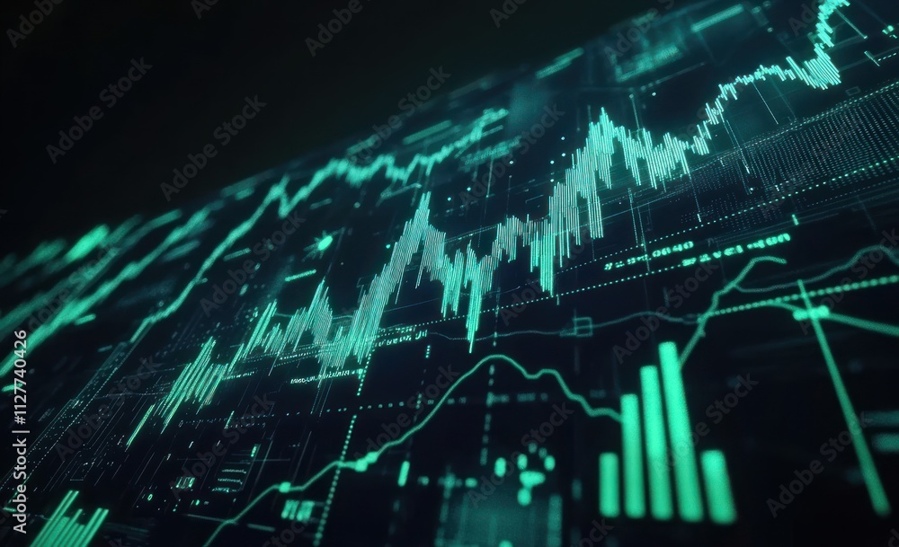 Poster futuristic teal stock market data visualization on a digital screen.