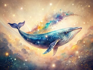 Fototapeta premium Beige background, long exposure captures a magical boho whale in whimsical watercolor fantasy art.