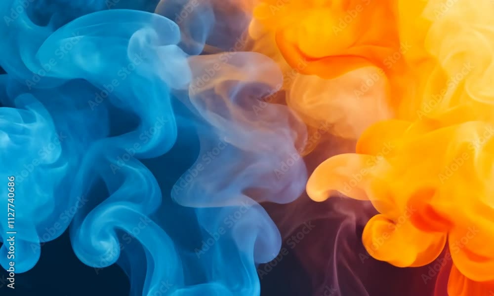 Poster abstract swirling smoke in blue and orange hues, creating a dynamic visual effect.